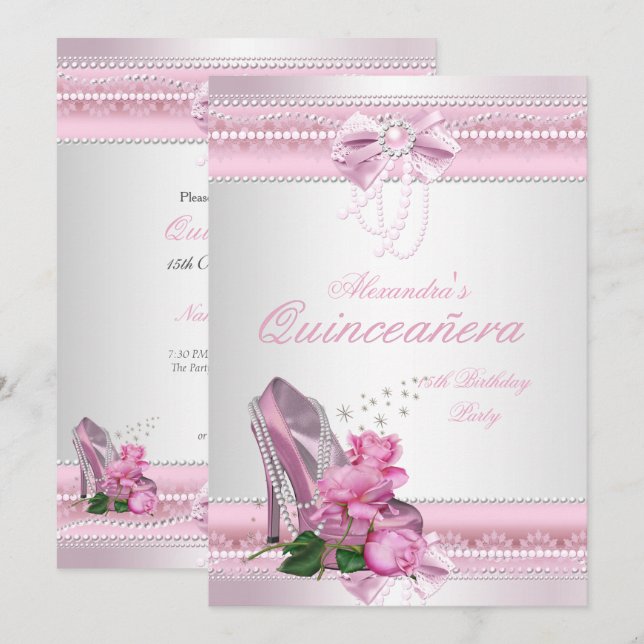 Quinceanera Pretty Pink White Rose High Heel 2 Invitation (Front/Back)