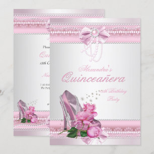 Quinceanera Pretty Pink White Rose High Heel 2 Invitation