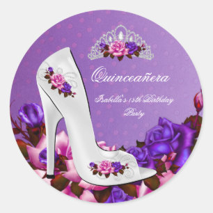 Quinceanera Pretty Princess Purple Pink Roses 3R Classic Round Sticker