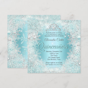 Quinceanera Pretty Silver Teal blue Snowflakes Invitation