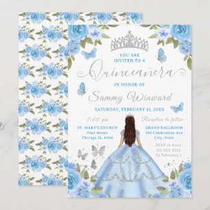Quinceañera Princess Blue Floral Silver Tiara Invitation