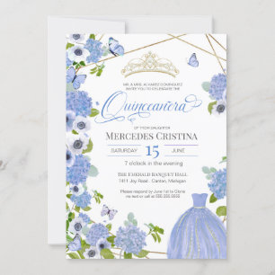 Quinceañera Princess Blue Garden butterfly Tiara Invitation