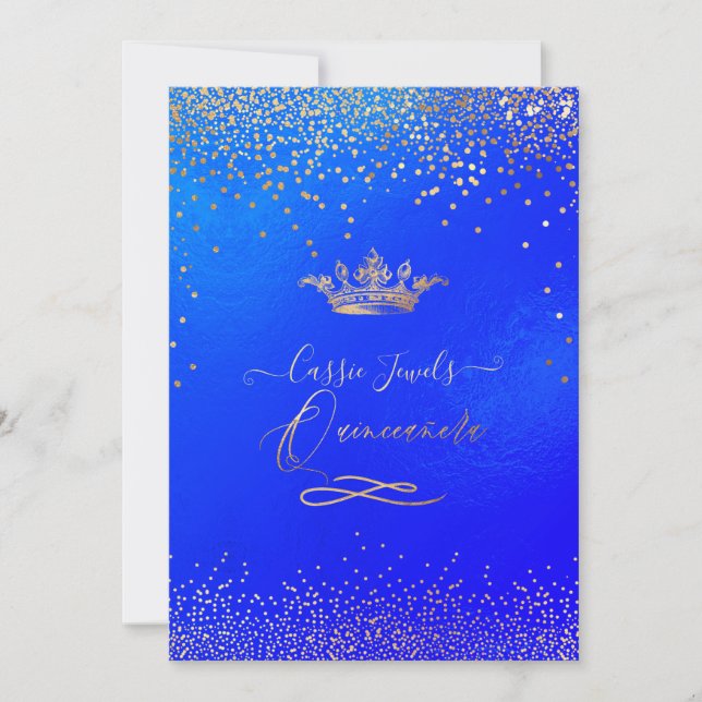 Quinceanera Princess Crown Faux Gold Confetti Blue Invitation (Front)