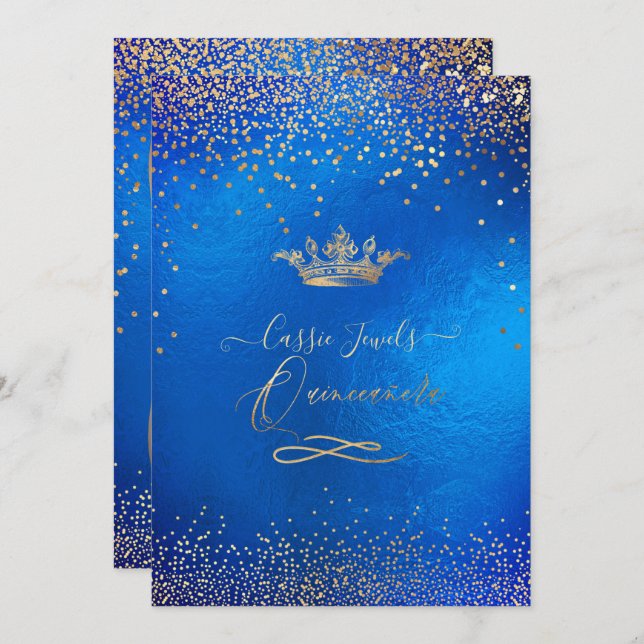 Quinceanera Princess Crown Faux Gold Confetti Blue Invitation (Front/Back)