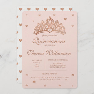 Quinceañera Princess Crown & Heart Rose Gold Invitation