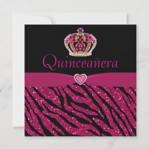 Quinceanera Princess Crown, Heart & Zebra Glitter Invitation