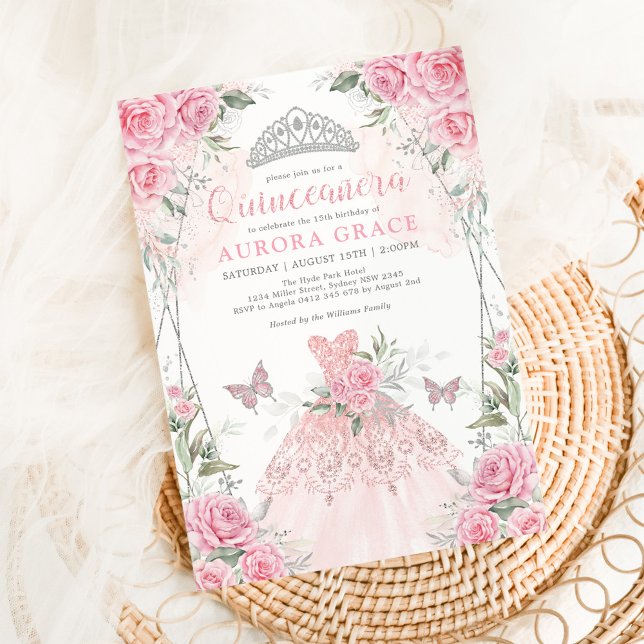 Quinceañera Princess Dress Pink Silver Floral Invitation (Creator Uploaded)