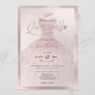 Quinceañera, Princess Faux Rose Gold Tiara+Gown Invitation
