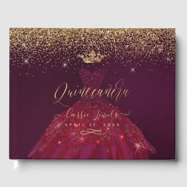 Quinceanera Princess Glitter Gown, Burgundy+Gold Guest Book (Front)