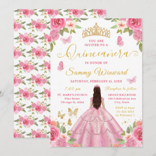 Quinceañera Princess Pink Floral Gold Tiara Invitation