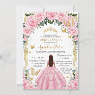 Quinceañera Princess Pink Rose Floral Vintage Gold Invitation