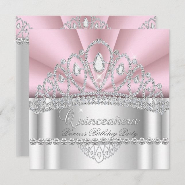 Quinceanera Princess Pink White Diamond Tiara Invitation (Front/Back)