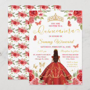 Quinceañera Princess Red Floral Gold Tiara Invitation