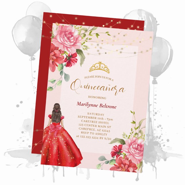 Quinceañera Princess Red Floral Invitation (Creator Uploaded)