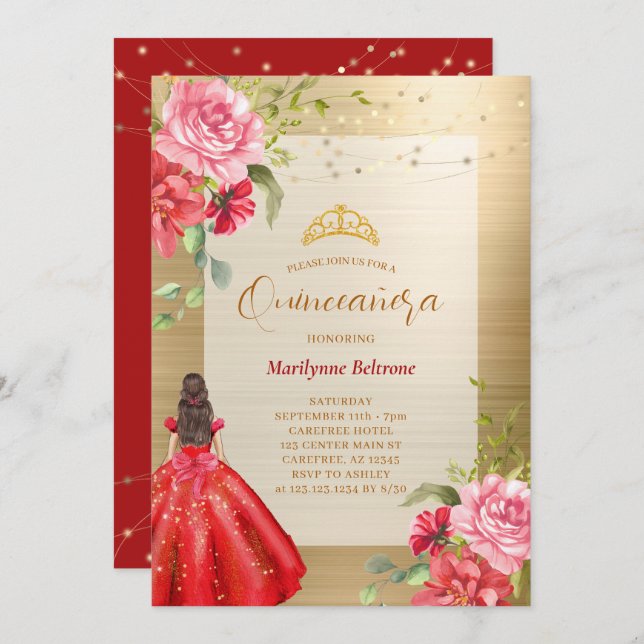 Quinceañera Princess Red Floral Invitation (Front/Back)