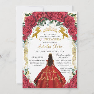 Quinceañera Princess Red Roses Floral Charro Horse Invitation