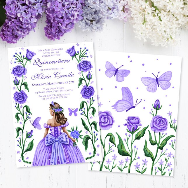 Quinceanera Princess Roses Butterfly Lilac Purple  Invitation (Quinceanera Princess Roses Butterfly Lilac Purple Invitation)