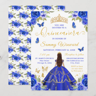 Quinceañera Princess Royal Blue Floral Gold Tiara Invitation