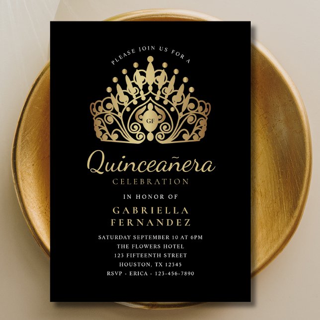 Quinceañera Princess Tiara Crown Black Gold Invitation (Creator Uploaded)