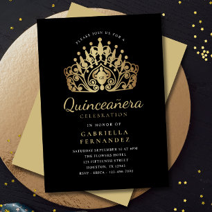 Quinceanera Princess Tiara Crown Black Gold Invitation