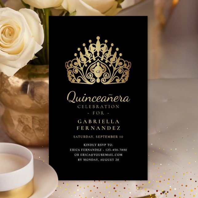 Quinceanera Princess Tiara Crown Black Gold RSVP Enclosure Card (Creator Uploaded)