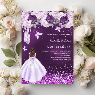 Quinceanera purple ballerina dress florals invitation