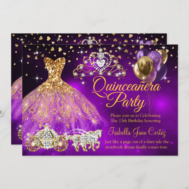 Quinceanera Purple Balloons Dress Tiara Carriage Invitation (Front/Back)