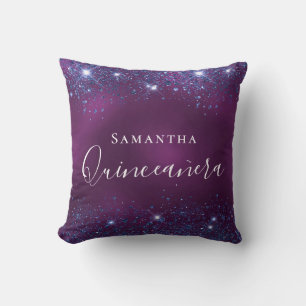 Quinceanera purple blue glitter dust name cushion