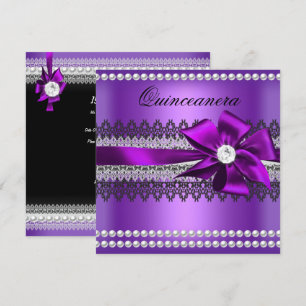 Quinceanera Purple Bow Black Pearl Lace Diamond Invitation
