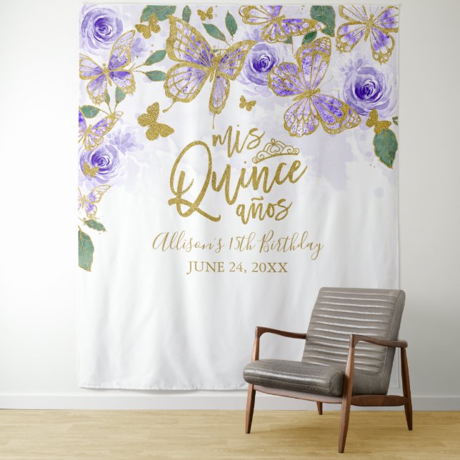 Quinceanera Purple Butterflies Floral Backdrop Tapestry (In Situ)