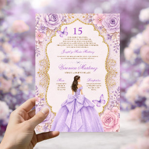 Quinceañera Purple Dress 15 Años Princess Tiara Invitation