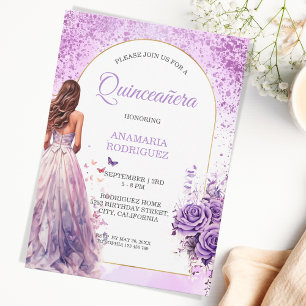 Quinceañera Purple Dress Floral Arch Butterflies Invitation
