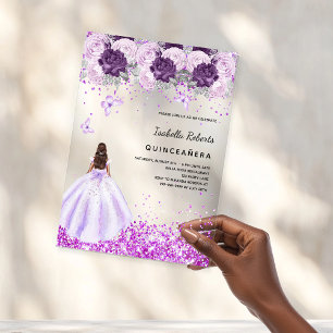 Quinceanera purple dress pink florals clear acrylic invitations