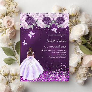Quinceanera purple dress pink florals invitation