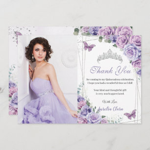 Quinceañera Purple Floral Butterflies 16 Birthday  Thank You Card