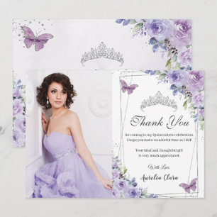 Quinceañera Purple Floral Butterflies 16 Thank You Invitation