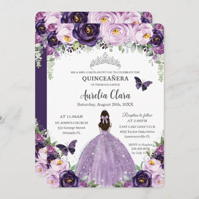 Quinceañera Purple Floral Butterflies Silver Tiara Invitation (Front/Back)