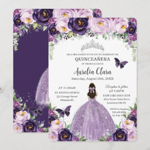 Quinceañera Purple Floral Butterflies Silver Tiara Invitation