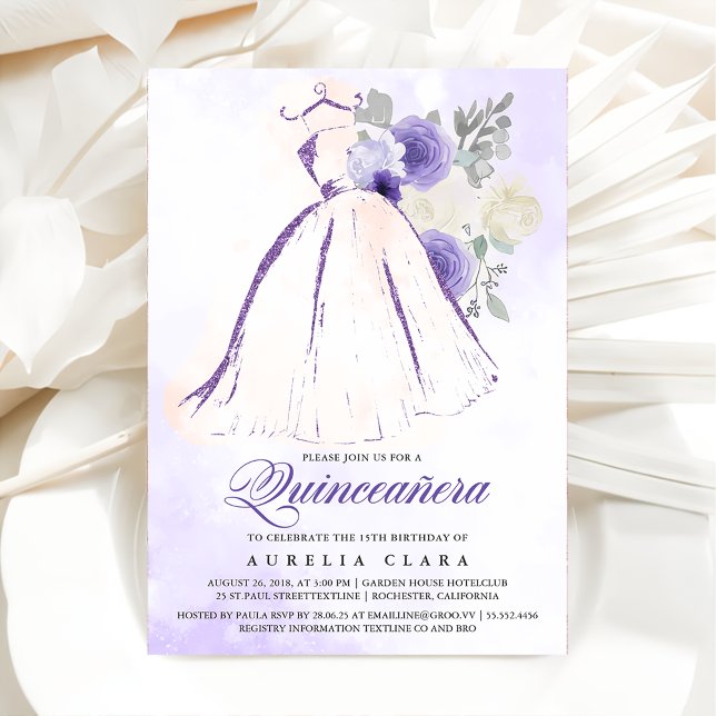 Quinceañera Purple Floral Dress 15th Birthday Invitation (Creator Uploaded)