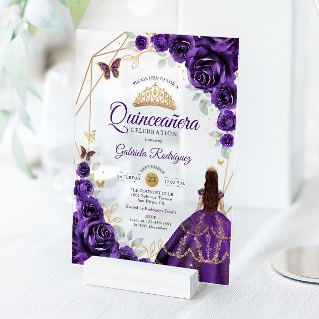 Quinceanera Purple Floral Dress Gold Acrylic Invitations (Creator Uploaded)