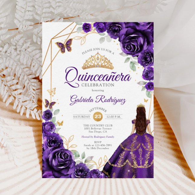 Quinceanera Purple Floral Dress Gold Invitation (Creator Uploaded)