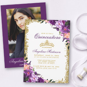 Quinceanera Purple Floral Gold Crown Glitter Photo Invitation