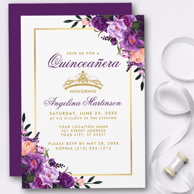 Quinceanera Purple Floral Gold Crown Invite P (Customize to change text color, style, add text & photos to back or change color of back of card.)