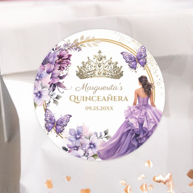 Quinceañera Purple Floral Gold Tiara Butterfly Classic Round Sticker (Creator Uploaded)