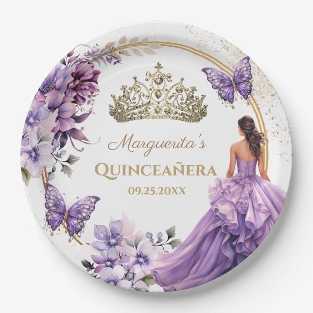 Quinceañera Purple Floral Gold Tiara Butterfly Paper Plate (Front)