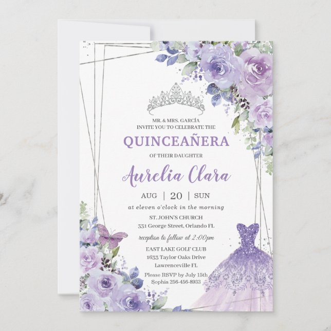 Quinceañera Purple Floral Gown Dress Silver Tiara Invitation (Front)