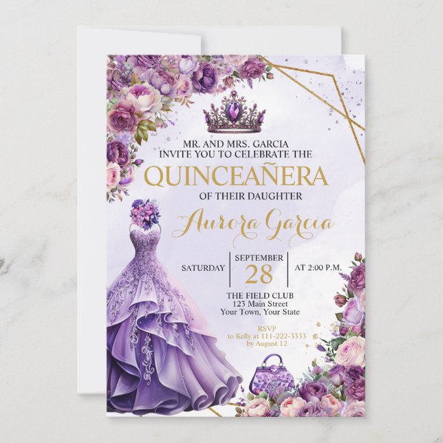 Quinceanera Purple Floral Invitation (Front)