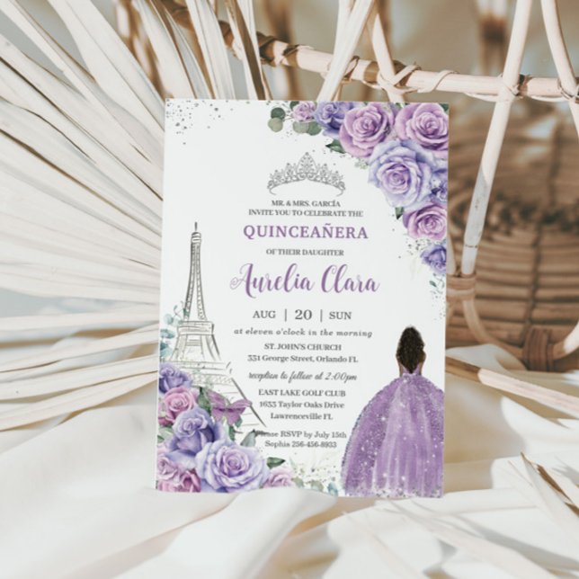 Quinceañera Purple Floral Paris Eiffel Brown Girl Invitation (Creator Uploaded)