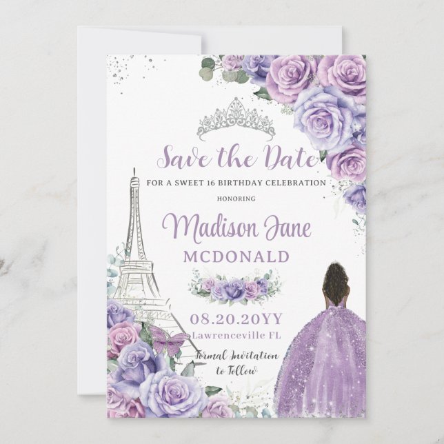 Quinceañera Purple Floral Paris Eiffel Brown Girl Save The Date (Front)