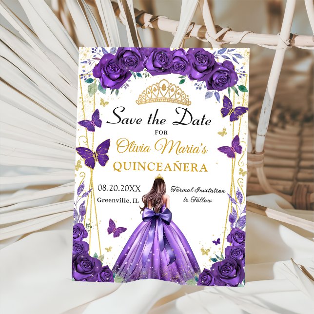 Quinceañera Purple Floral Princess Butterflies Save The Date (Creator Uploaded)